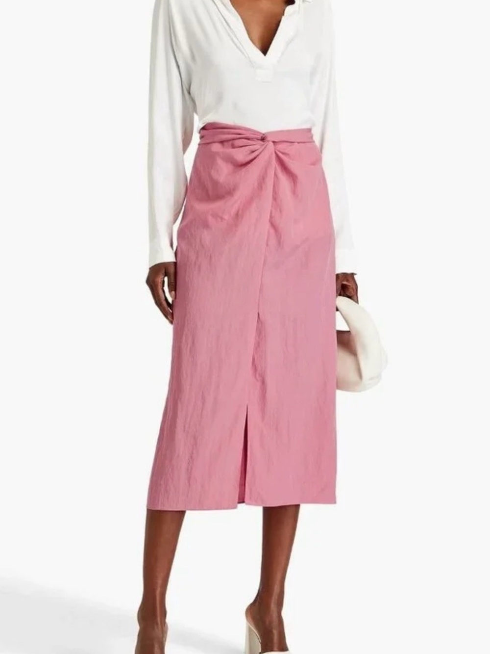 VINCE Draped Knot Front Midi Skirt in Rosetta Pink | Size Small | $345 Retail